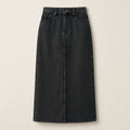 Washed Black Longline Denim Skirt on a neutral background