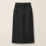 Washed Black Longline Denim Skirt on a neutral background