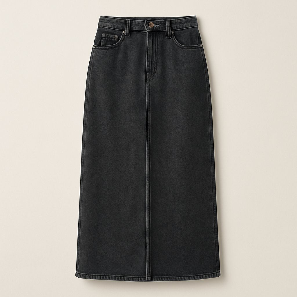 Washed Black Longline Denim Skirt on a neutral background