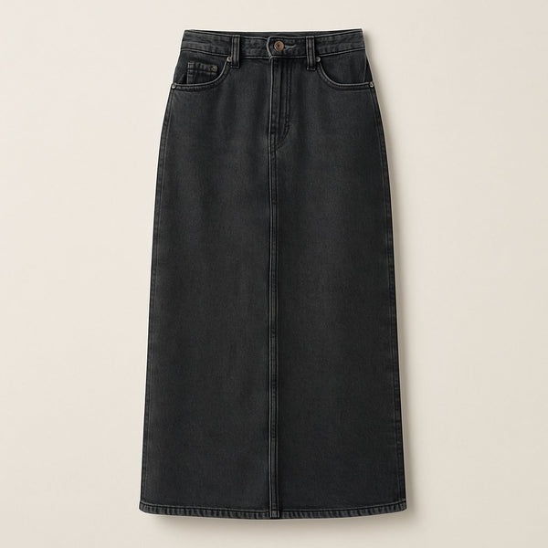 Washed Black Longline Denim Skirt on a neutral background