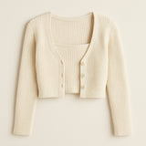 Cream Ribbed Cropped Cardigan Set on a neutral background