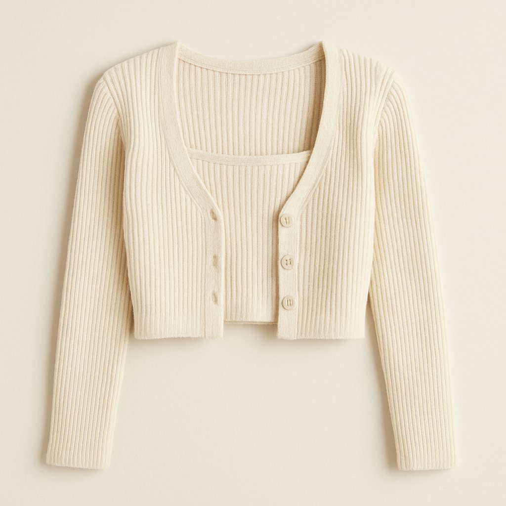 Cream Ribbed Cropped Cardigan Set on a neutral background