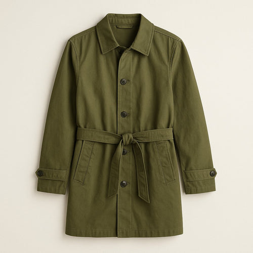 Olive Green Casual Cotton Trench Coat on a neutral background