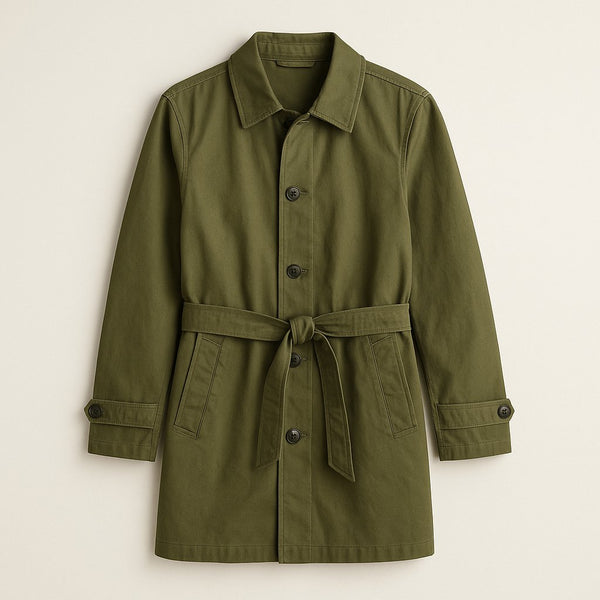 Olive Green Casual Cotton Trench Coat on a neutral background