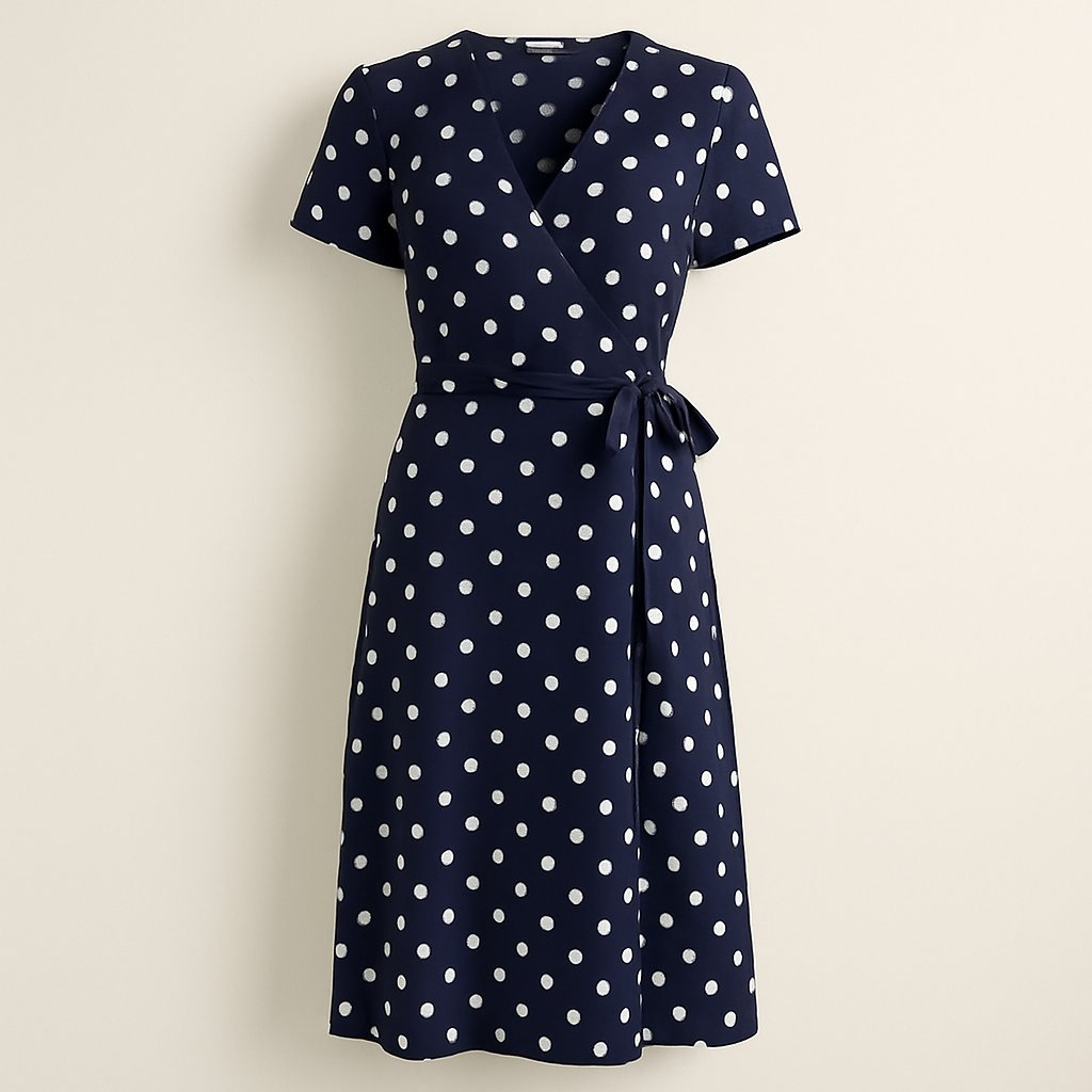 Navy Blue Polka Dot Midi Wrap Dress on a neutral background