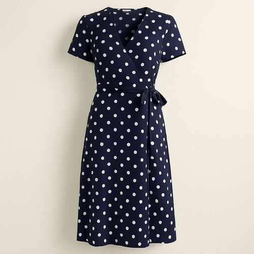 Navy Blue Polka Dot Midi Wrap Dress on a neutral background