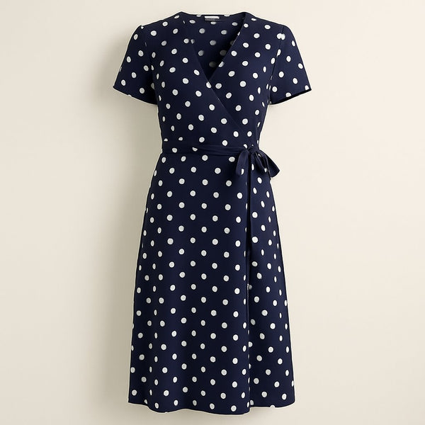 Navy Blue Polka Dot Midi Wrap Dress on a neutral background