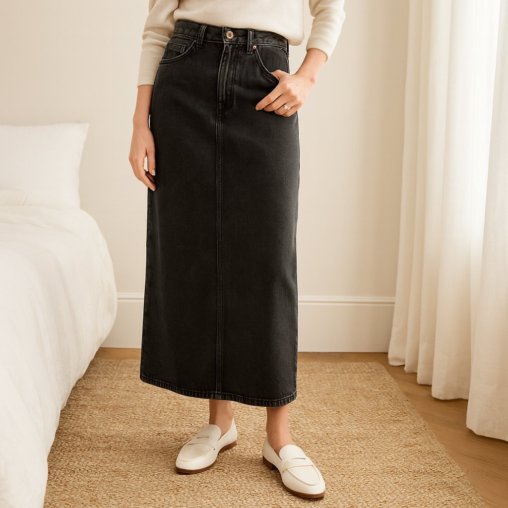Washed Black Longline Denim Skirt shown in a typical use setting