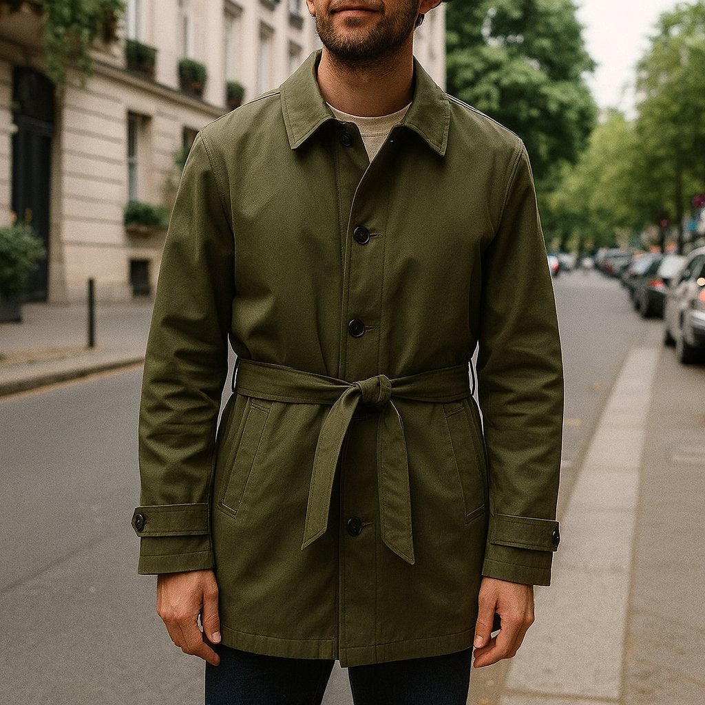 Olive Green Casual Cotton Trench Coat shown in a typical use setting