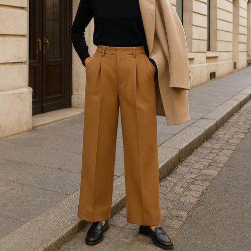 Camel-Toned High-Waisted Wide-Leg Trousers shown in a typical use setting