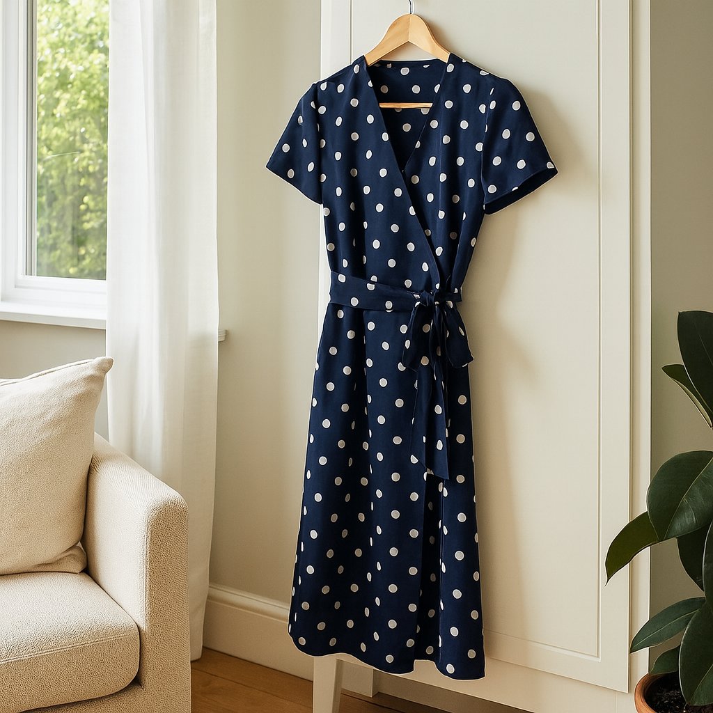 Navy Blue Polka Dot Midi Wrap Dress shown in a typical use setting