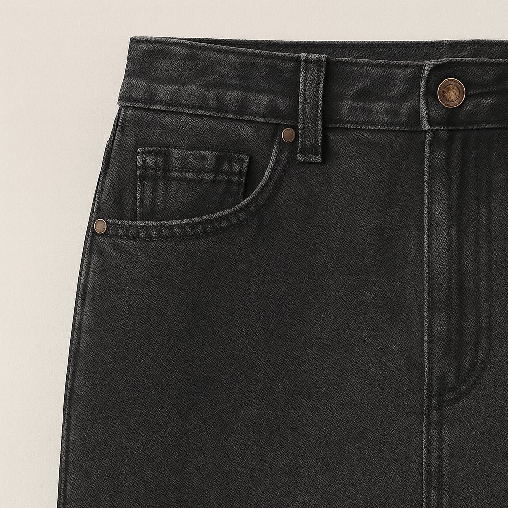 Close-up detail of Washed Black Longline Denim Skirt