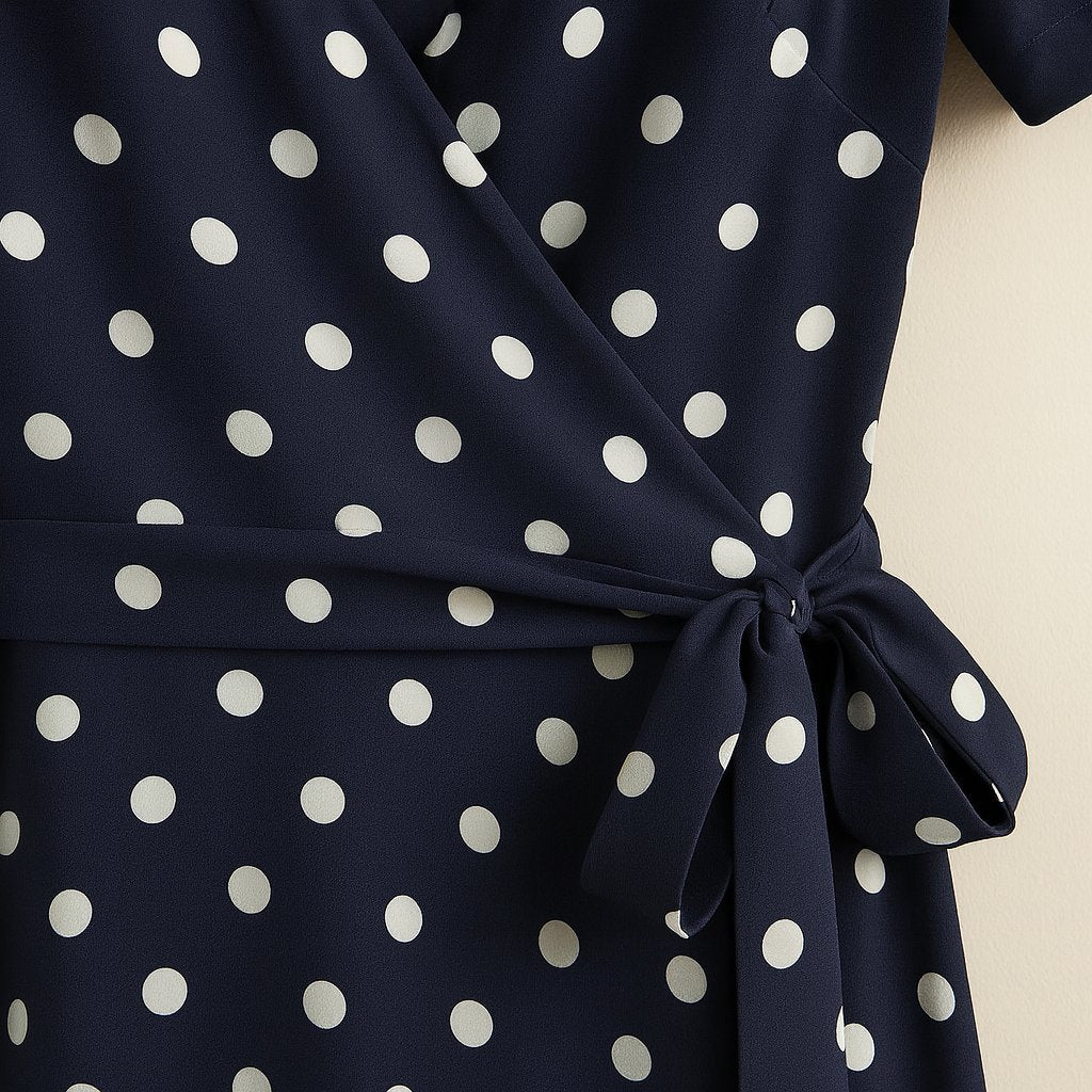 Close-up detail of Navy Blue Polka Dot Midi Wrap Dress