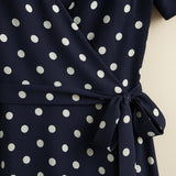Close-up detail of Navy Blue Polka Dot Midi Wrap Dress
