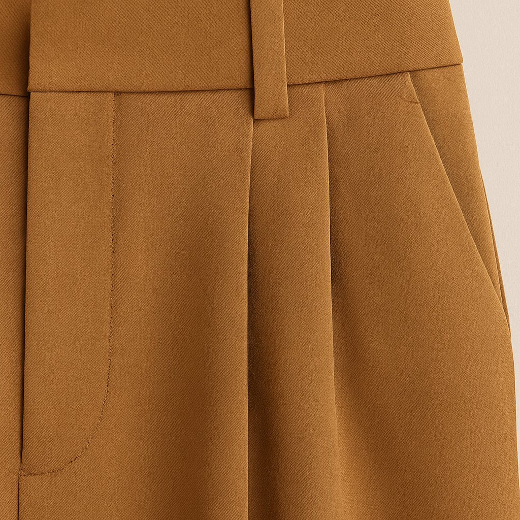 Close-up detail of Camel-Toned High-Waisted Wide-Leg Trousers