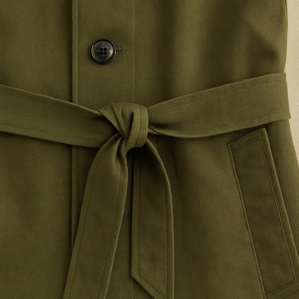 Close-up detail of Olive Green Casual Cotton Trench Coat