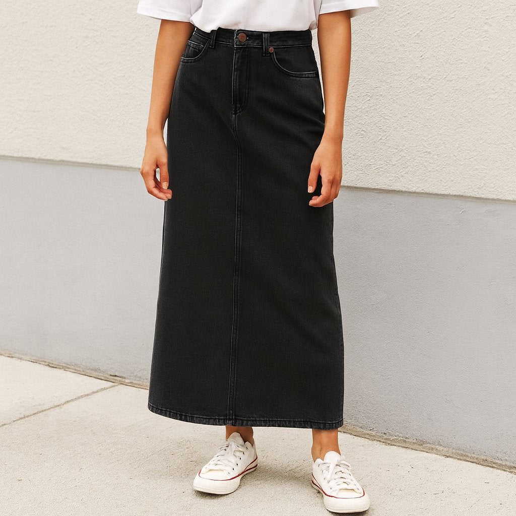 Person using Washed Black Longline Denim Skirt