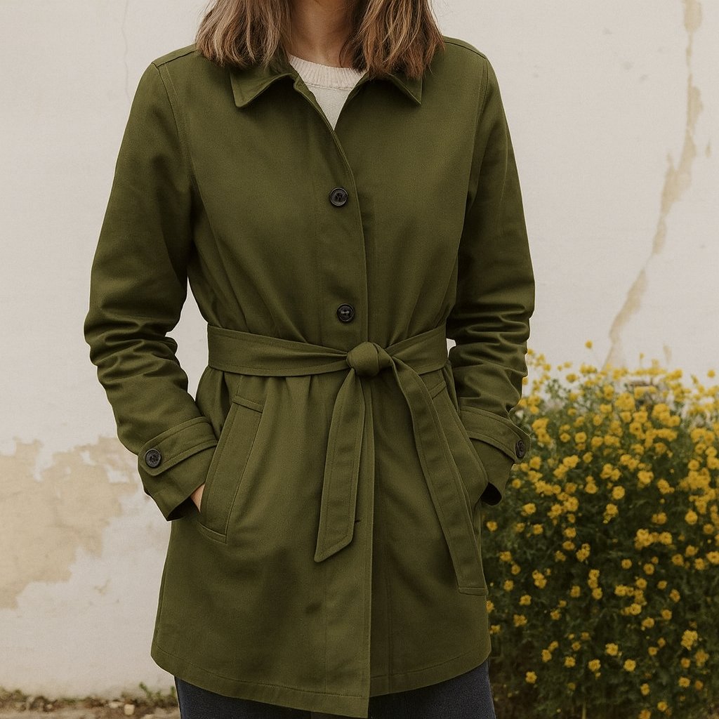 Person using Olive Green Casual Cotton Trench Coat