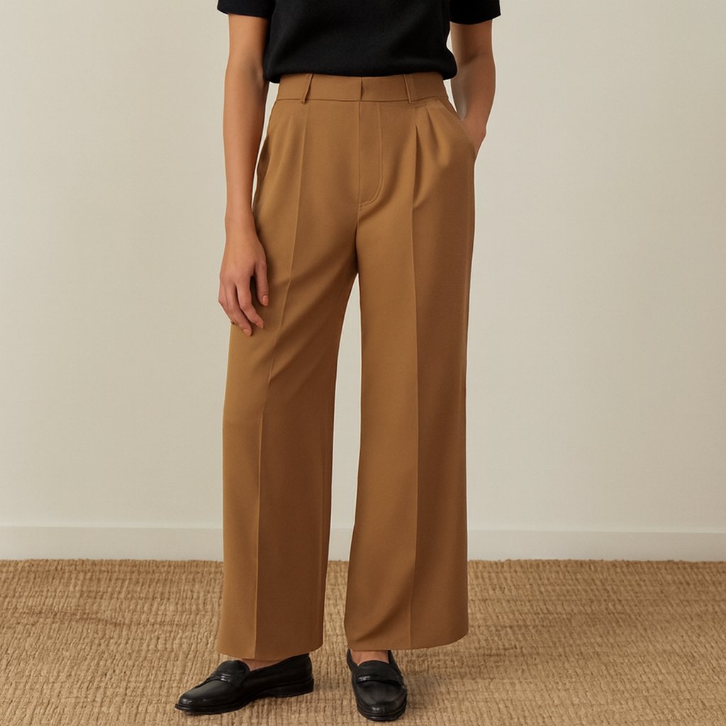 Person using Camel-Toned High-Waisted Wide-Leg Trousers