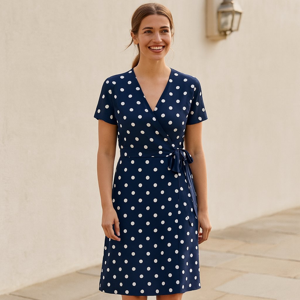 Person using Navy Blue Polka Dot Midi Wrap Dress