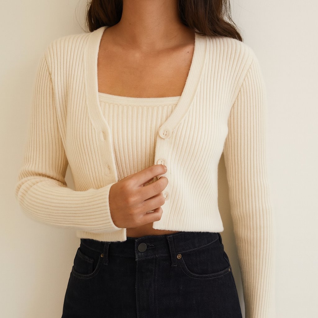 Person using Cream Ribbed Cropped Cardigan Set